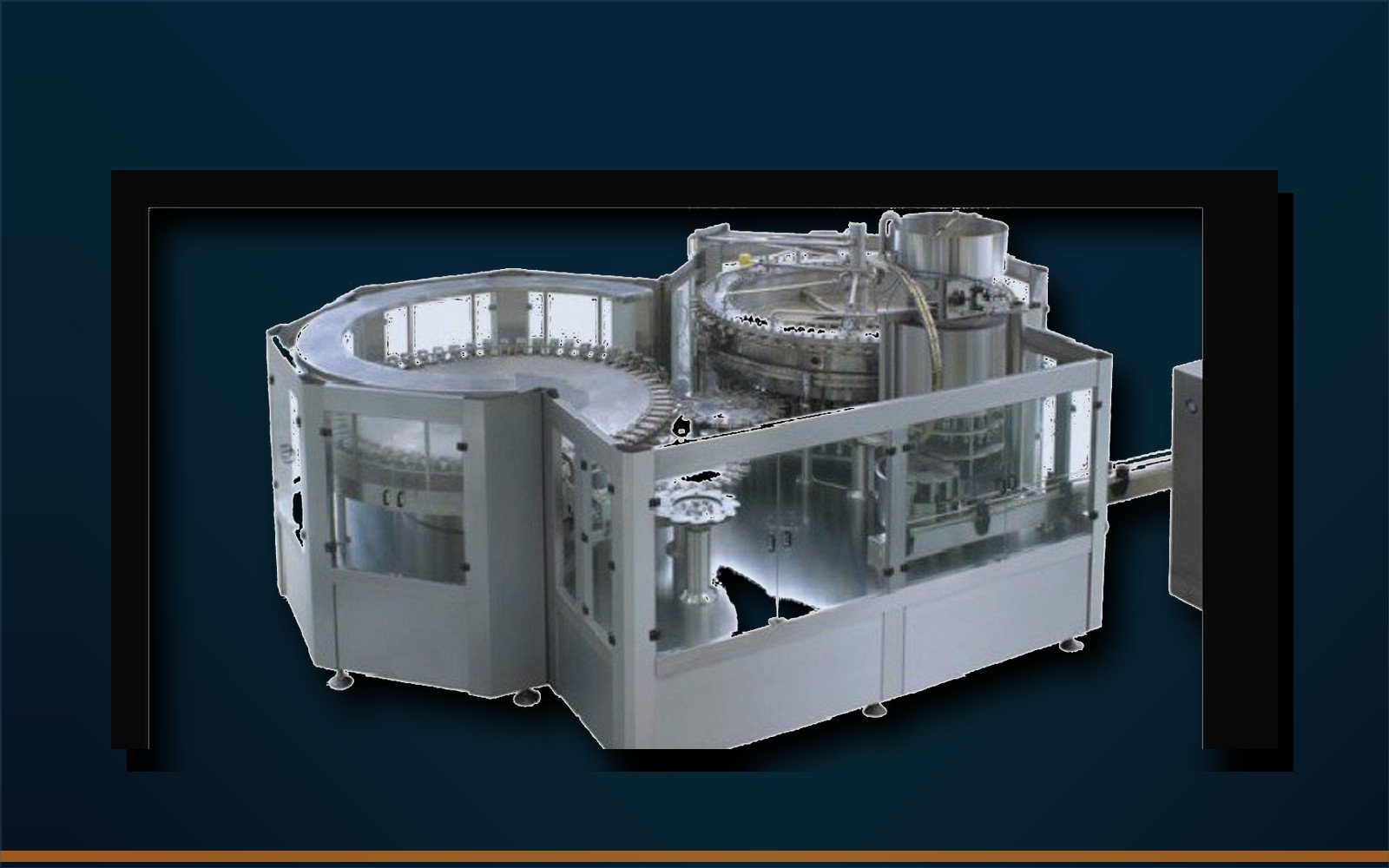 Bottled water filling machine on deep navy industrial background