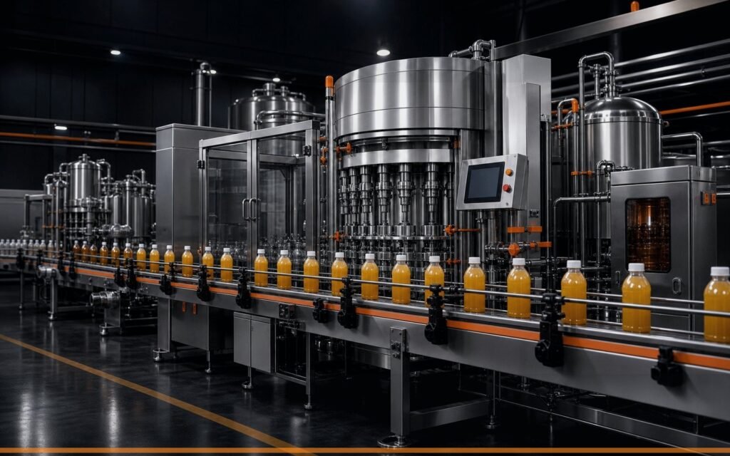 Juice and tea hot fill production line with rinsing filling capping machinery