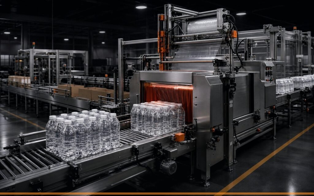 Beverage bottle labeling coding and packing line with conveyors