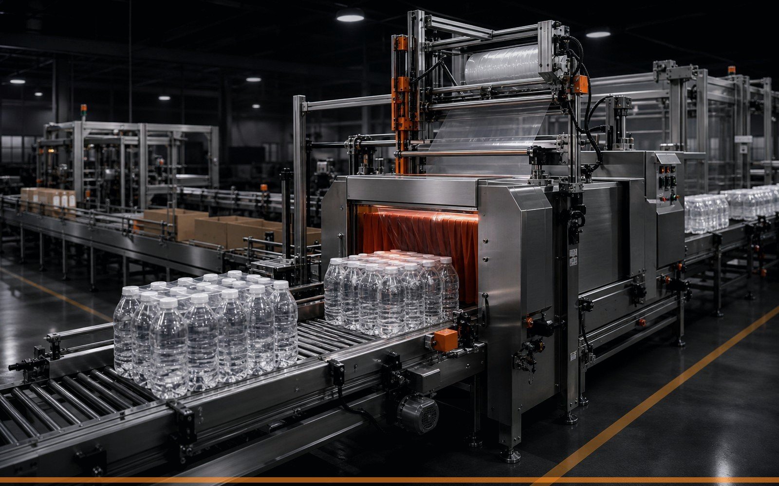 Shrink wrapping packing machine for bottled beverage packs in an industrial factory