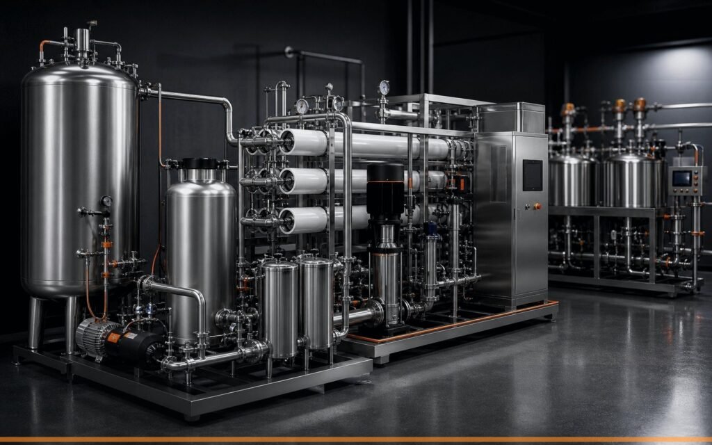 Water treatment and CIP cleaning system for bottled water and beverage production