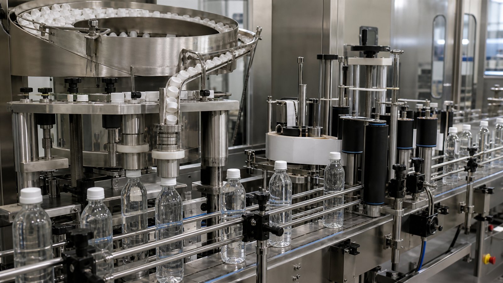 Automatic capping and labeling machine section for bottled water production line