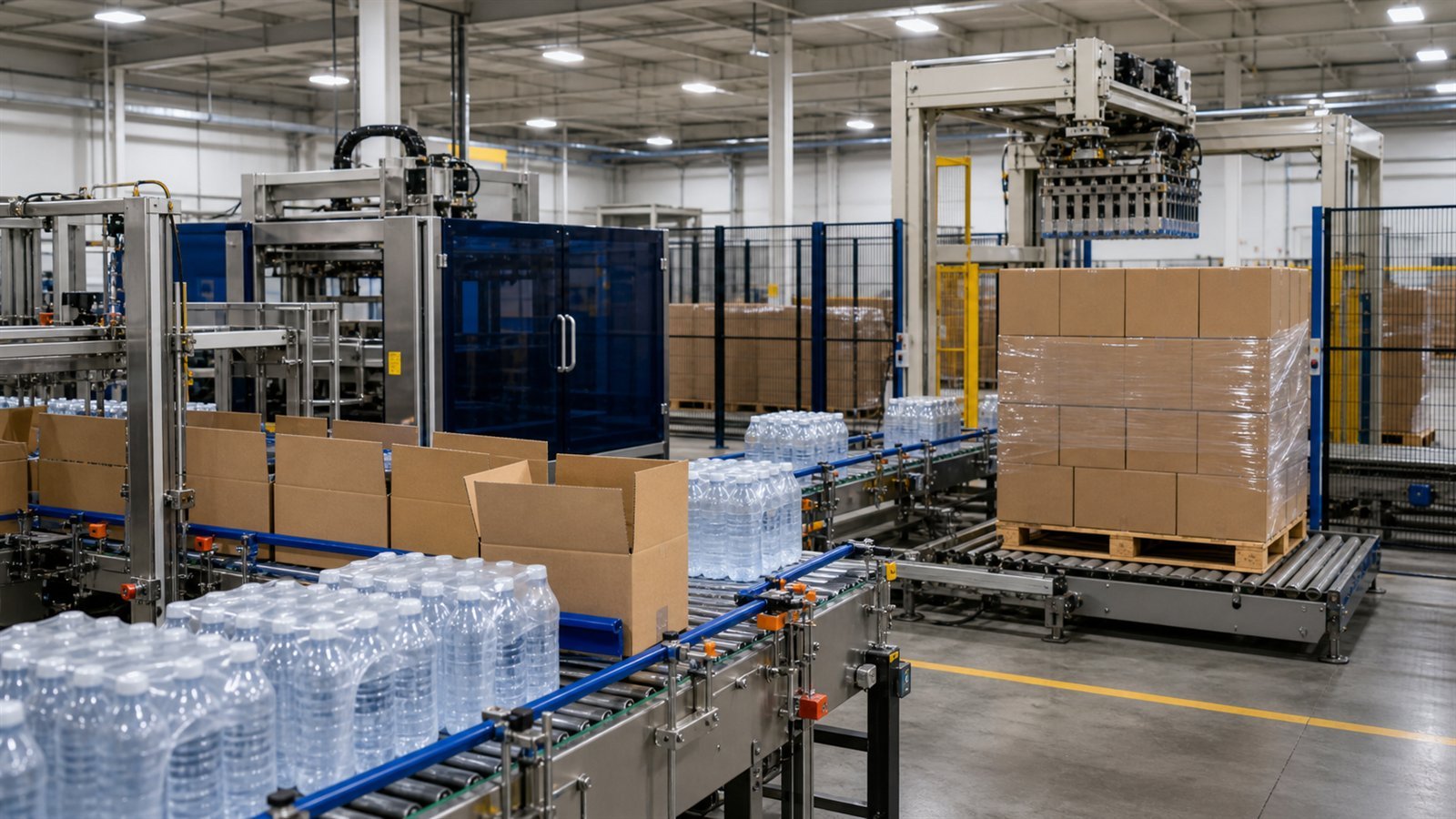 Carton packing and palletizing line for bottled beverage production