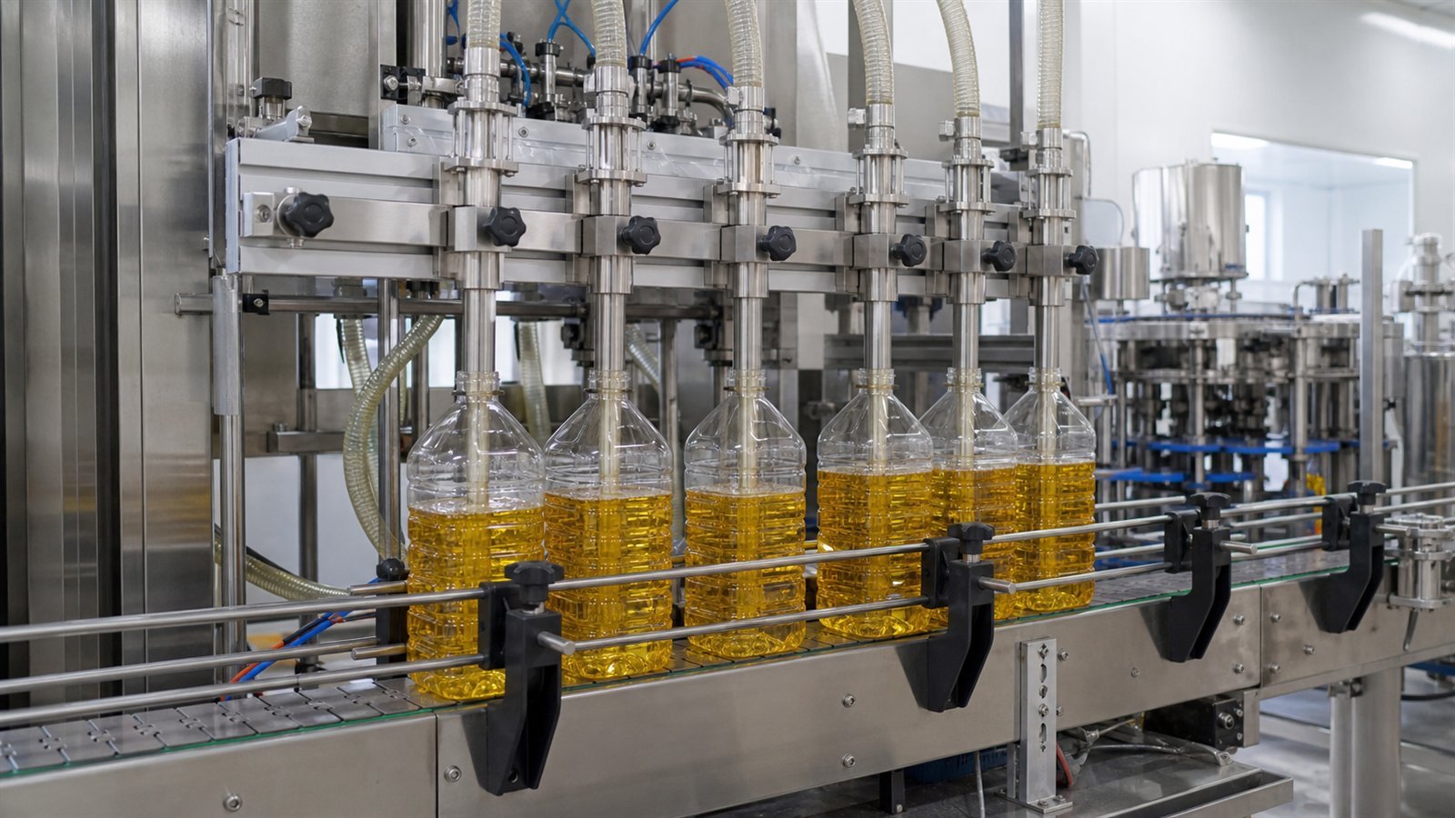 Edible oil bottle filling machine for PET bottles on an automatic conveyor line