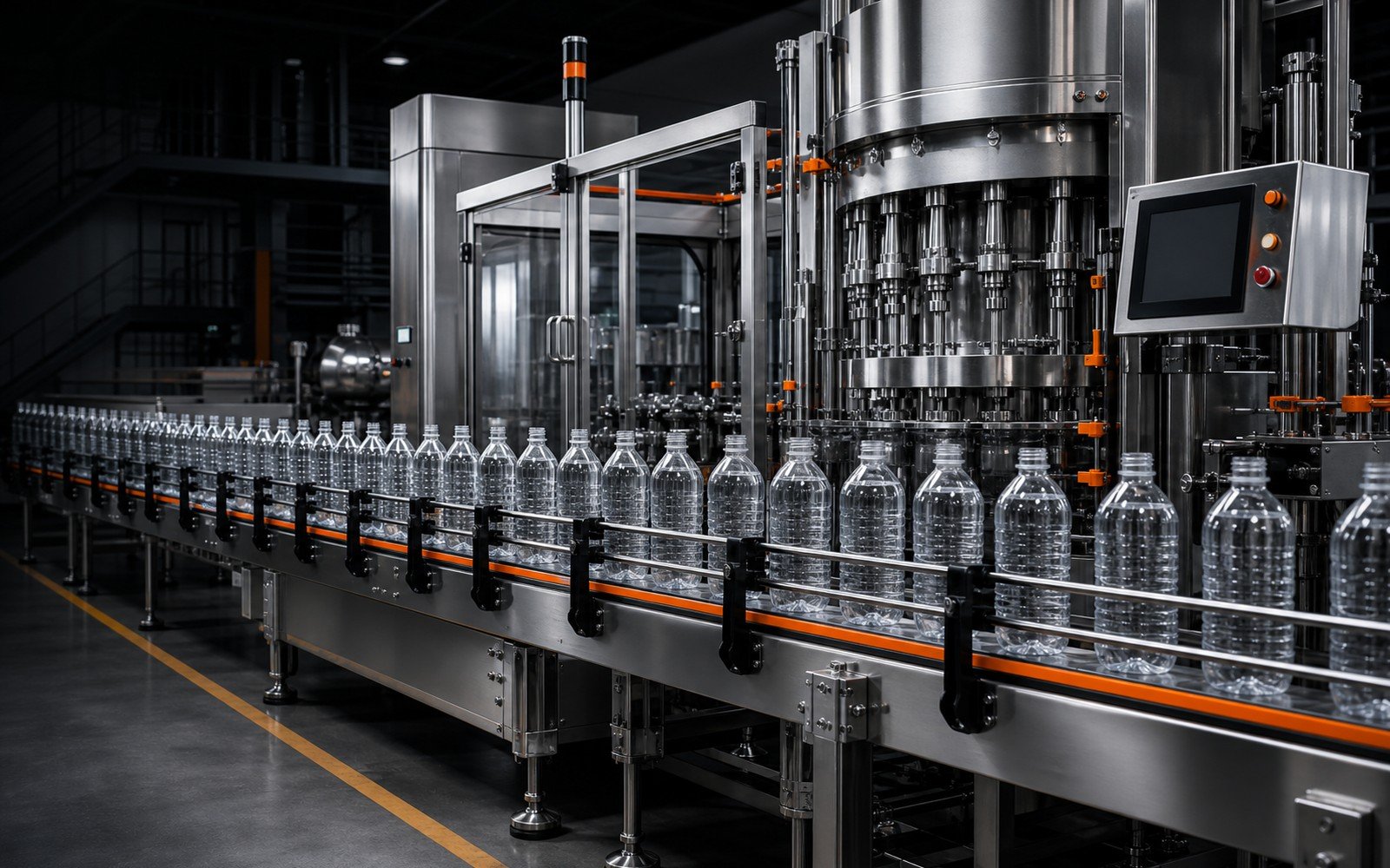 Clean beverage filling line with PET bottles