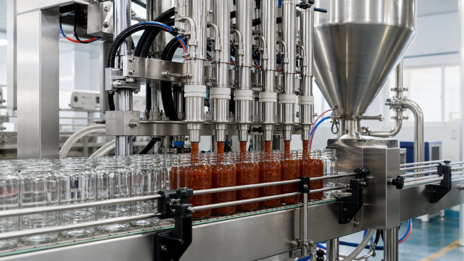 Piston sauce jar filling machine for viscous liquid and paste products