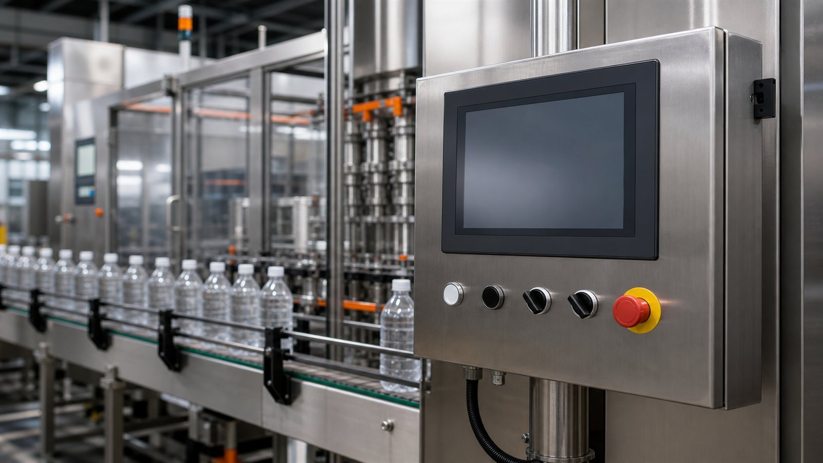 PLC control panel on an automatic bottling and liquid filling production line