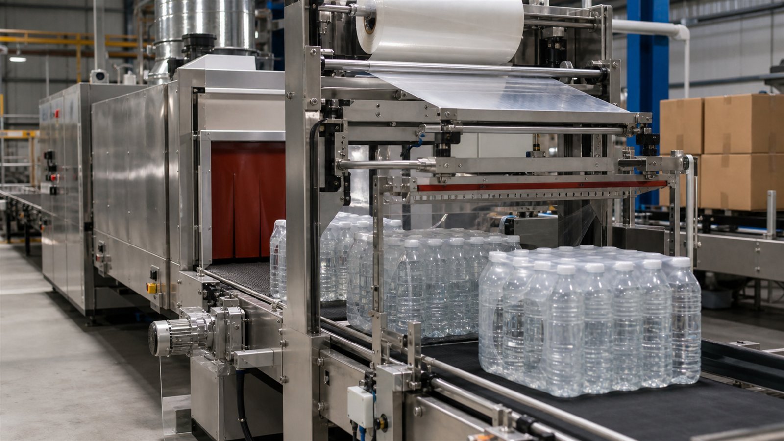 Shrink wrapping and packing machine for bottled water multipack production