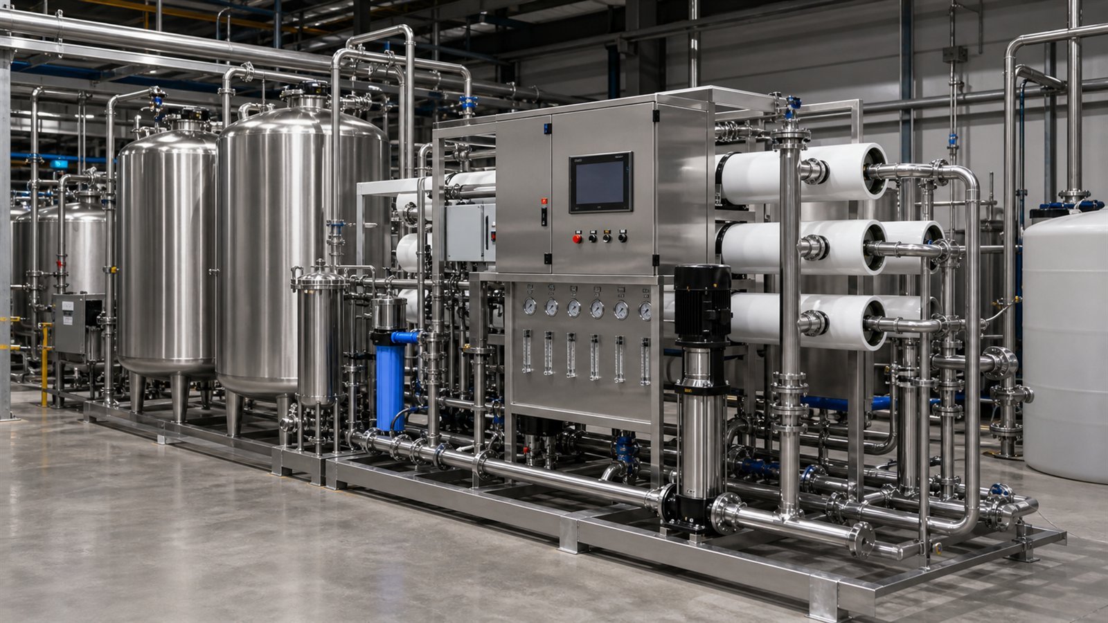 Water treatment system with reverse osmosis filtration for bottling plant
