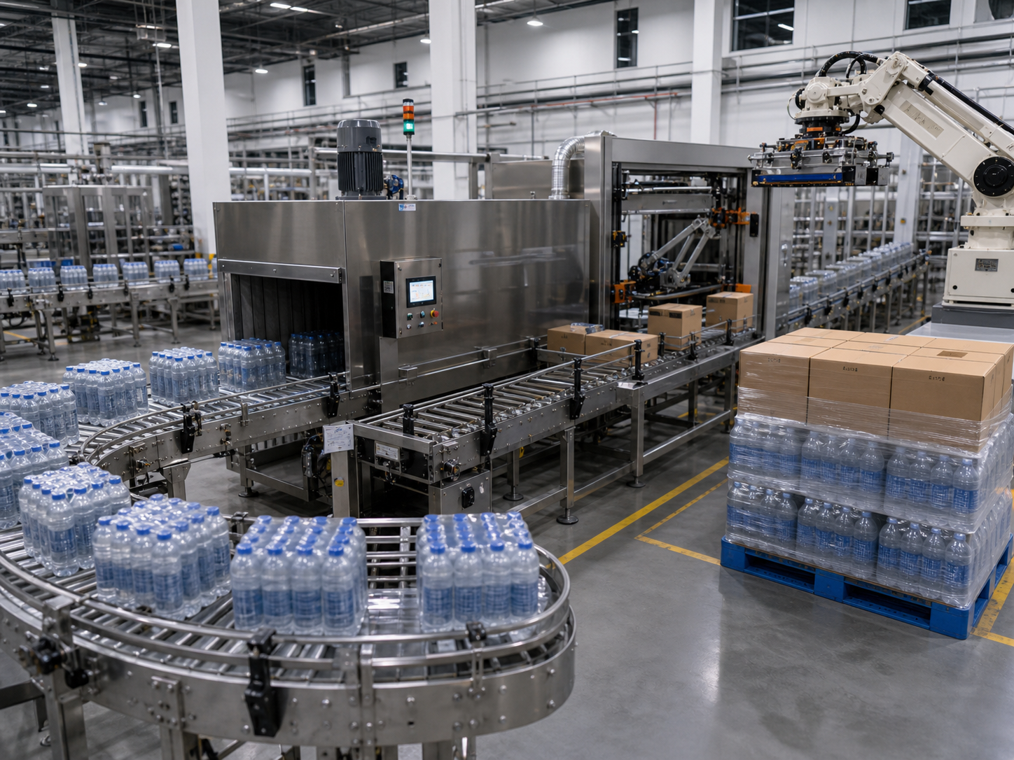 Beverage bottle packing and palletizing line with wrapped packs